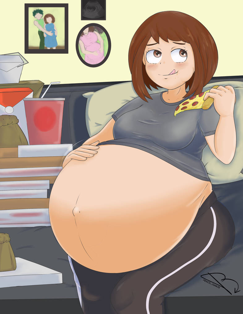 Rule 34 - 1girls Belly Belly Stuffing Big Belly Big Breasts Breasts Brown  Hair Eating Female Food Hand On Belly Large Belly My Hero Academia Ochako  Uraraka Penciljunkie Pizza Pizza Box Pregnancy