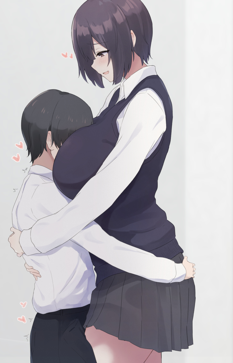 Rule 34 - 1boy 1girls Between Breasts Big Breasts Black Hair Black Pants  Black Vest Blush Blush Blush Lines Breasts Brown Eyes Grey Skirt Head  Between Breasts Height Difference Hug Huge Breasts
