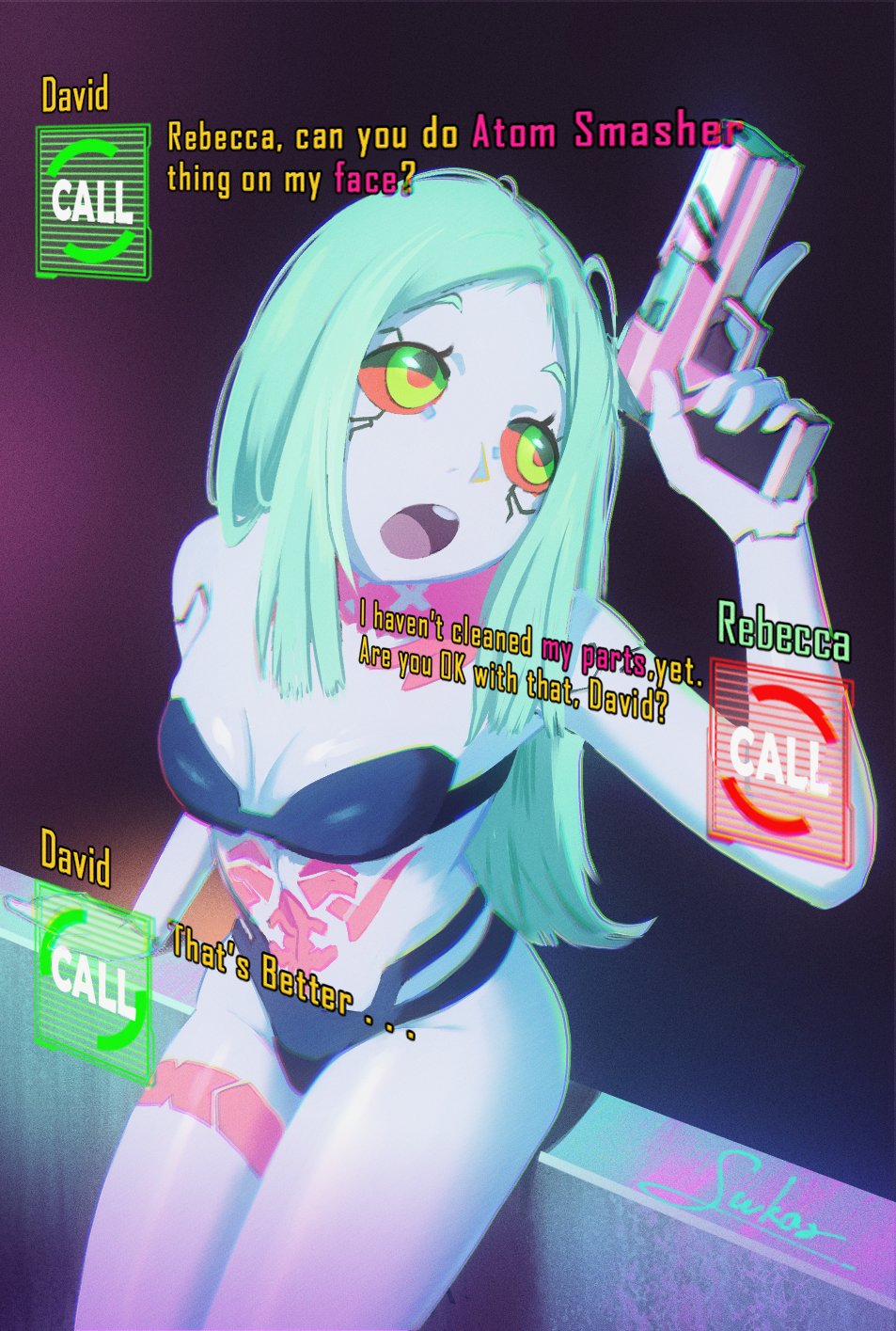 Rule 34 - 1boy 1girls Cd Projekt Red Cybernetics Cyberpunk: Edgerunners  Cyberpunk 2077 David Martinez (edgerunners) Facesitting Invitation Female  Female Only Gun Netflix Rebecca (edgerunners) Small Breasts Studio Trigger  Sukar (artist) Tattoo