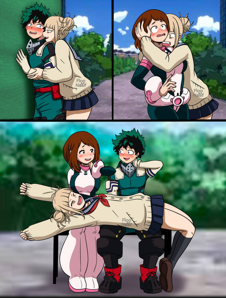 Rule 34 - 2girls 2girls1boy Afraid Anime Style Bisexual Blush  Boyfriend-girlfriend Cute Deku Female Fighting Fighting Over Boy Floonasif  Good End Himiko Toga Hug Izuku Midoriya Male My Hero Academia Ochako Uraraka