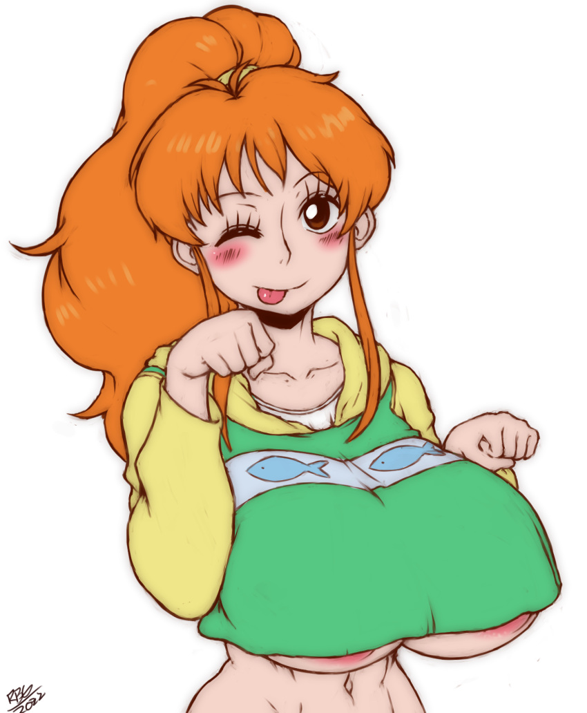 Rule 34 - Abdomen Areola Areola Slip Blush Botan (yu Yu Hakusho) Brown Eyes  Cosplay Female Only Hoodie Large Breasts Nami Navel One Piece Orange Hair  Ponytail Pose Randomboobguy Stretched Clothing Tongue