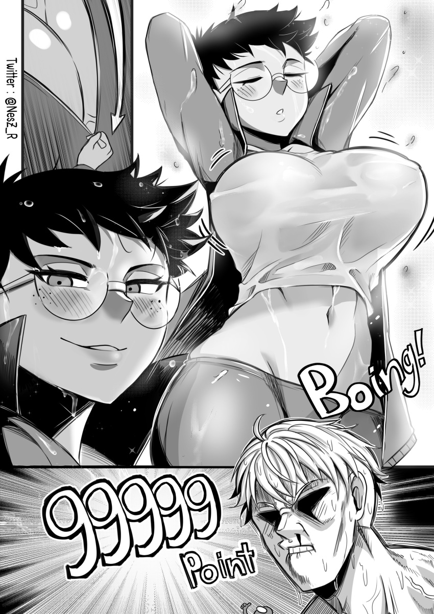 Rule 34 - 1boy 1boy1girl 1girl1boy 1girls 2022 Arms Behind Head Big Breasts  Bouncing Breasts Breasts Freckles Glasses Huge Breasts Large Breasts  Monochrome Nesz Nosebleed Short Hair Tomboy Wet Wet Clothes Wet Shirt |  6881227