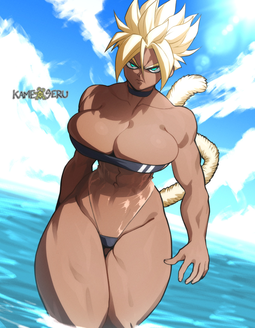 Rule 34 - 1girls Blonde Blonde Female Blonde Hair Blue Eyes Dark-skinned  Female Dark Skin Gris Swimsuit Kameseru Matsuna (kameseru) Oc Original  Character Saiyan Saiyan Tail Super Saiyan Swimsuit Tail Water Watermark