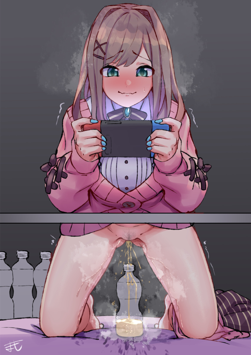 Rule 34 - 1girls Barefoot Bed Blush Bottle Bottomless Brown Hair Cardigan  Container Urination Green Eyes Hair Ornament Hairclip Kneeling Long Hair  Long Sleeves Momomo Momo00 Nintendo Switch Panties Around Leg Pee