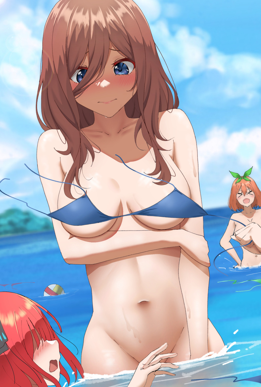 Rule 34 - > < 3girls Beach Big Breasts Bikini Blue Eyes Blush Bottomless  Breasts Embarrassed Female Female Only Go-toubun No Hanayome Hair Ribbon  Long Hair Nakano Miku Nakano Nino Nakano Yotsuba
