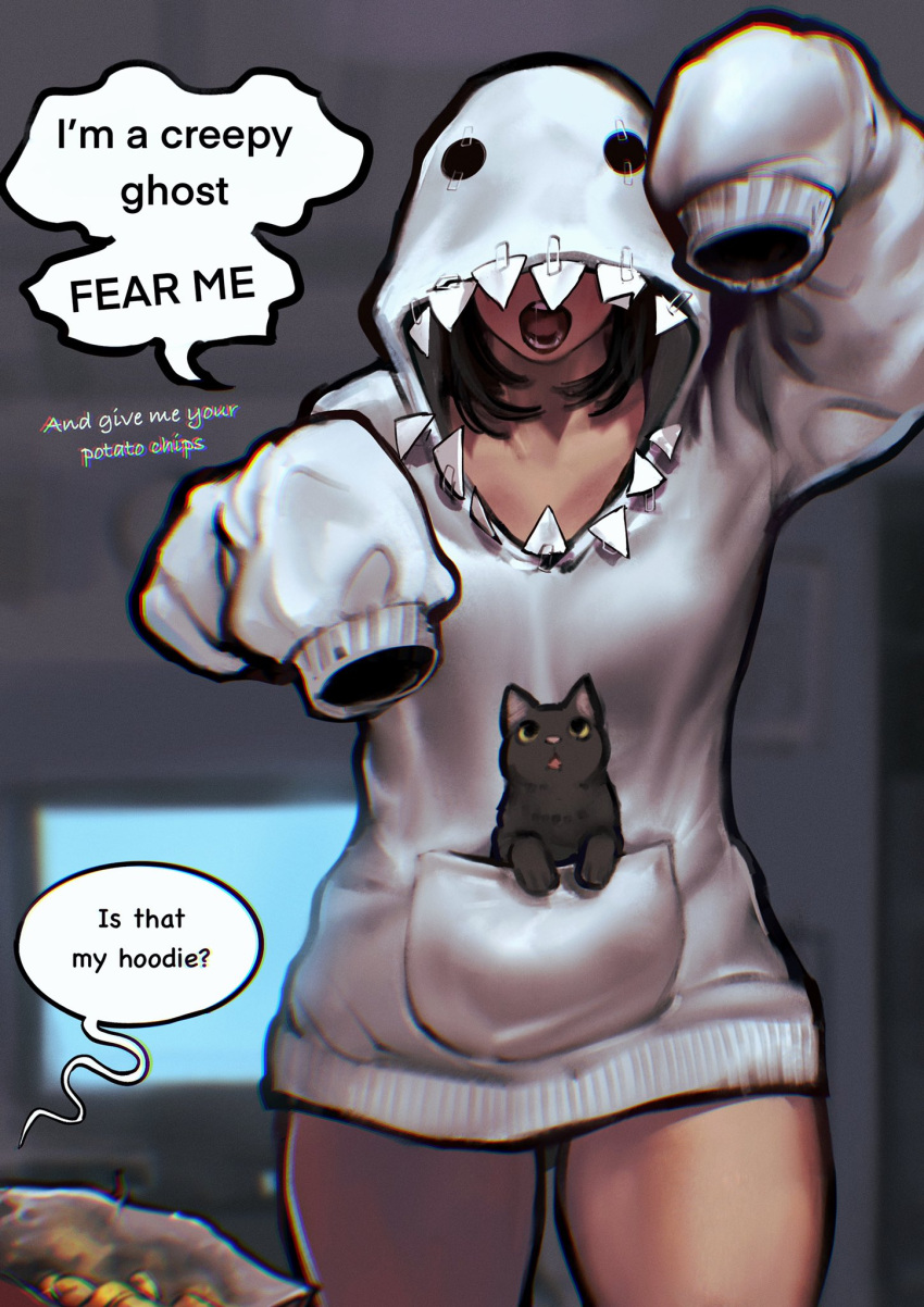 Rule 34 - 1girls Ayaki777 Breasts Cat English Text Female Fully Clothed Ghost  Ghost Girl Hoodie Open Mouth Original Original Character Potato Chips Sharp  Teeth Thick Thighs Thighs Tv White Hoodie Wholesome | 6909001