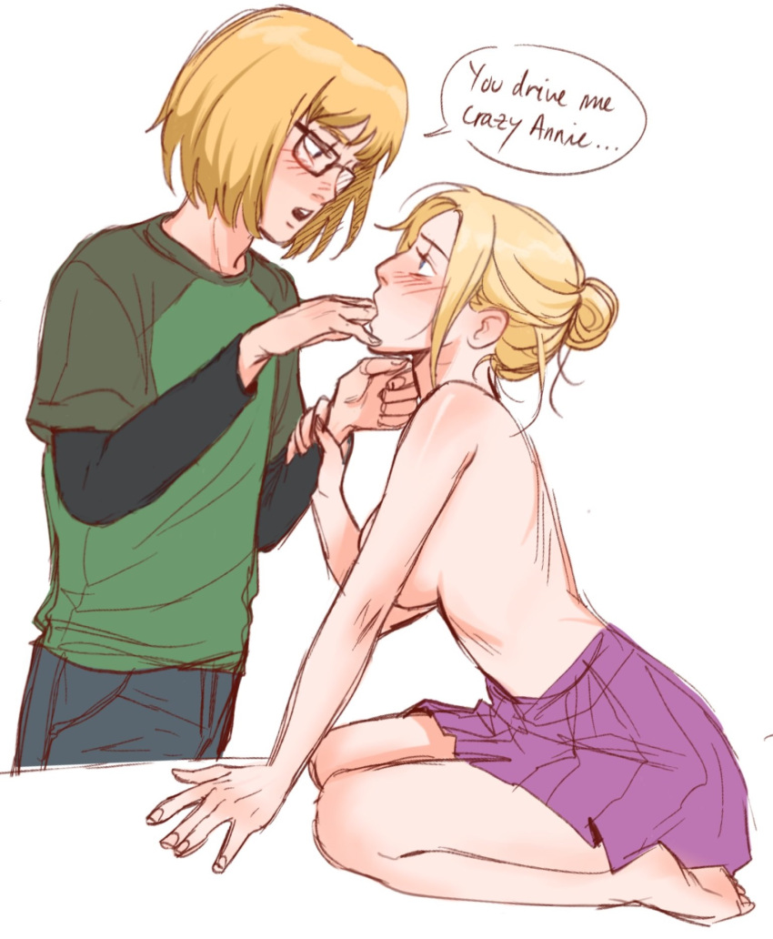 Rule 34 - 1boy 1girls Annie Leonhardt Armin Arlert Attack On Titan Blonde  Hair Blonde Hair Blush Clothed Male English Text Female Fingers In Mouth  Glasses Nerd Partially Clothed Seducing Seductive Shingeki