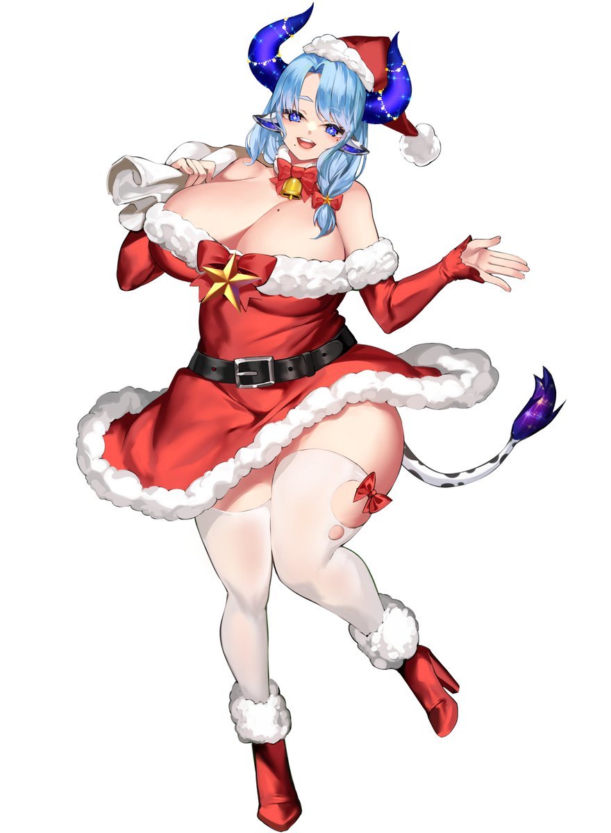 Rule 34 - 1girls Christmas Outfit Cow Girl Cow Horns Horns Huge Breasts  Looking At Viewer Miilkywayz Milf Santa Costume Santa Hat Simple Background  Smile Solo Thick Thighs Thighhighs Virtual Youtuber | 7159211