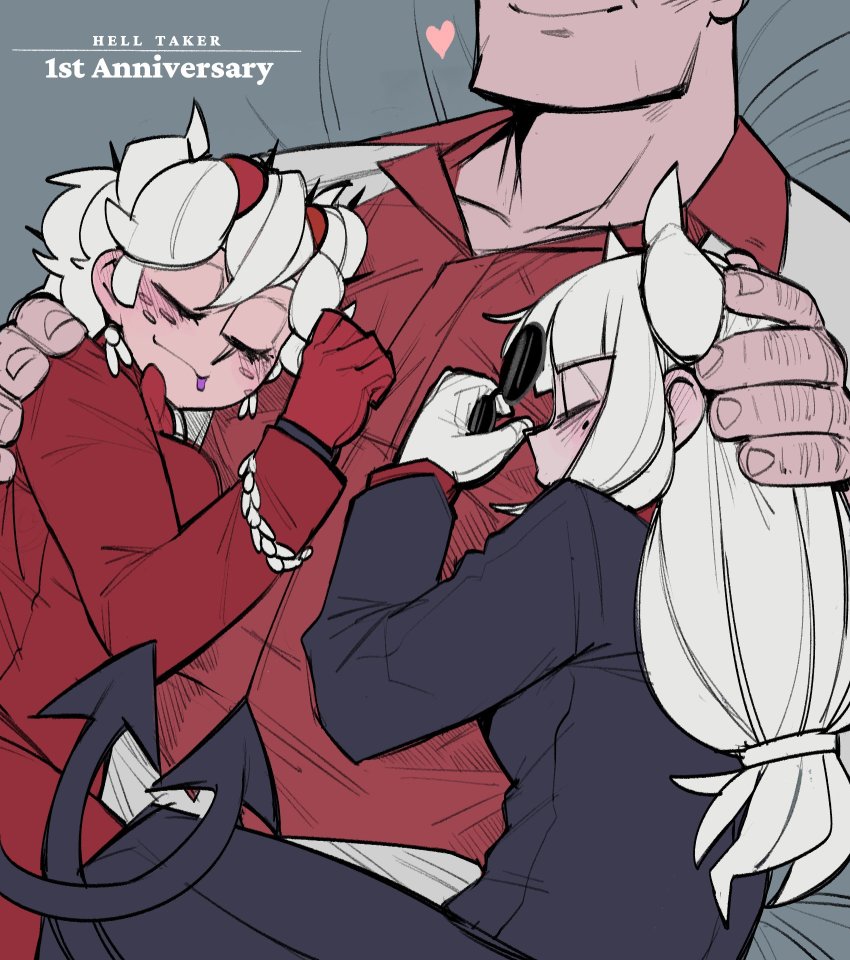 Rule 34 - 1boy 2girls Beelzebub (helltaker) Black Clothing Blush Chad  Closed Eyes Content Smile Cuddling Demon Demon Girl Eyes Hidden Fully  Clothed Fully Dressed Heart Helltaker Helltaker (character) Horns Hugging  Krekk0v