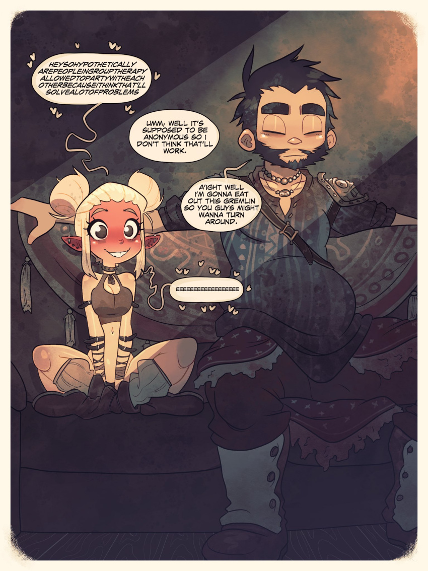 Rule 34 - Beard Belt Straps Black Beard Black Hair Blonde Hair Blush  Blushing Ears Blushing Profusely Boots Brown Eyes Buckteeth Choker Comic  Comic Panel Crop Top Dialogue Ear Piercing Earrings Elf