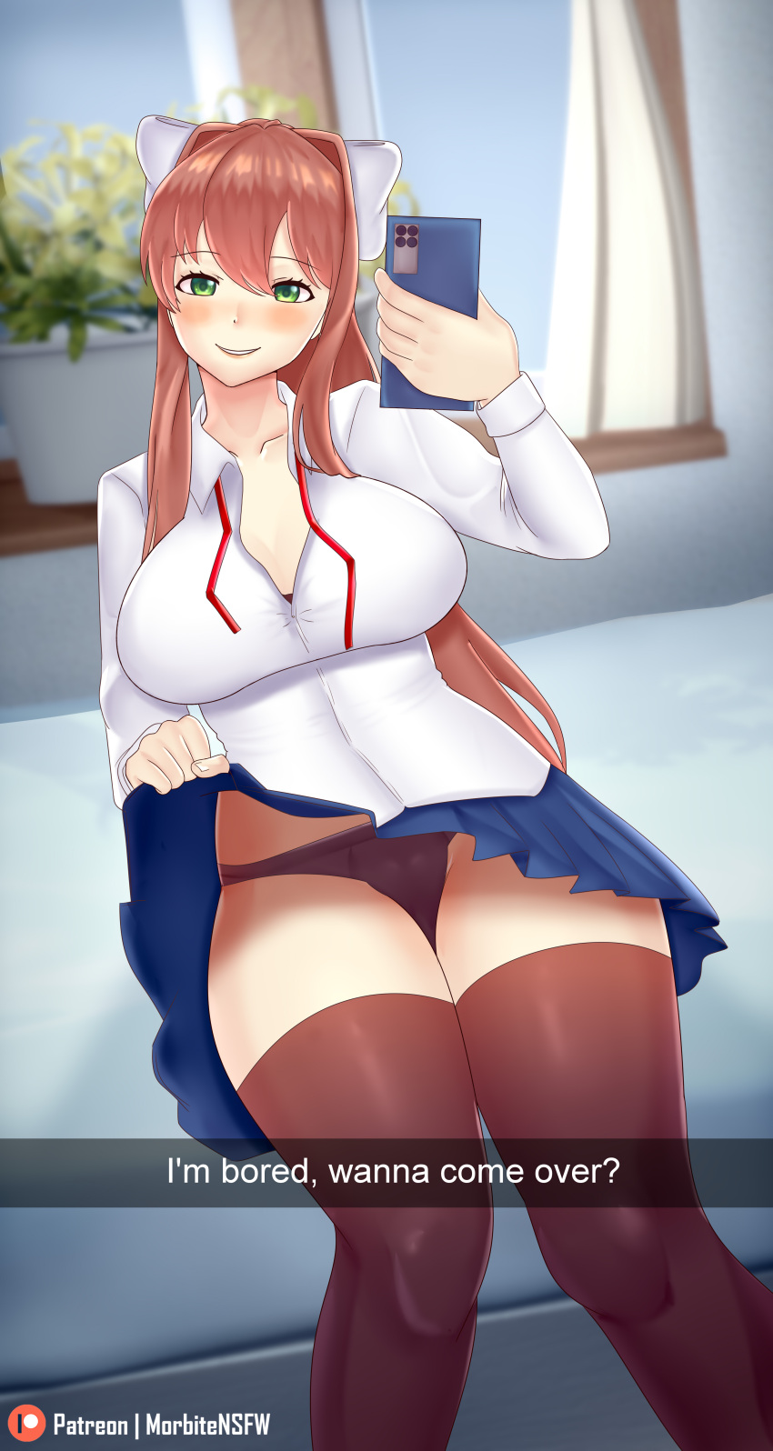 Rule 34 - Big Breasts Brown Hair Ddlc Doki Doki Literature Club Female  Female Focus Female Only Monika (doki Doki Literature Club) Morbite Panties  School Uniform Selfie Skirt Skirt Lift Strip Game