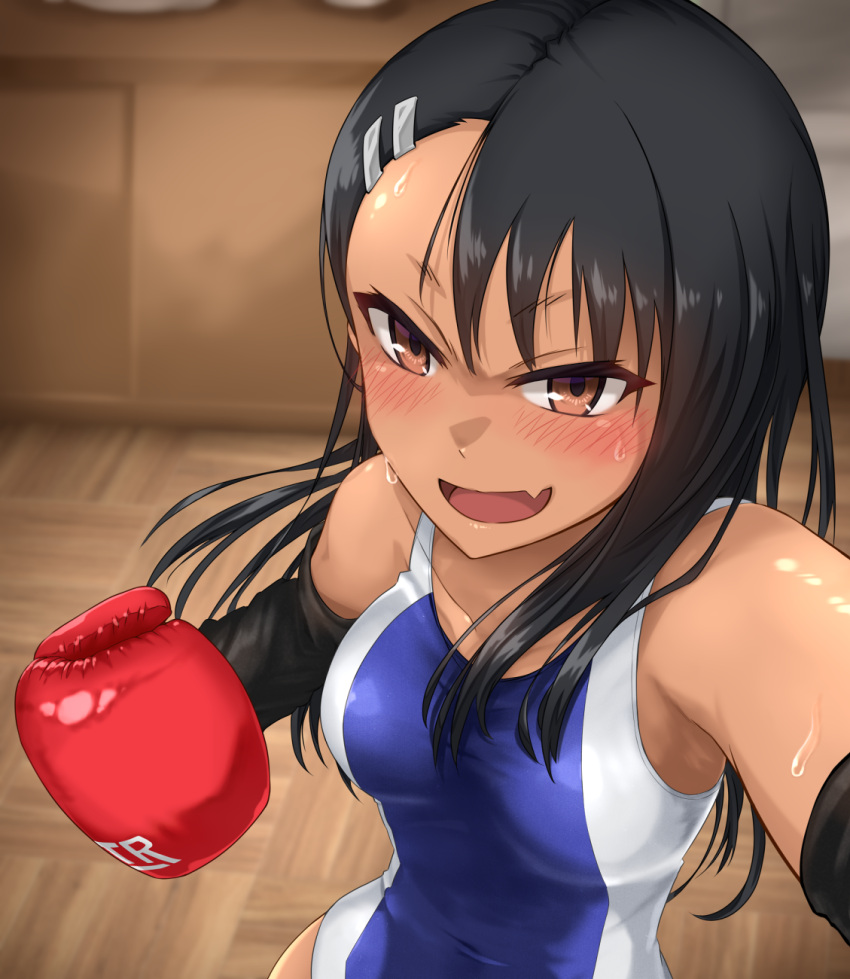 Rule 34 - 1girls Black Hair Boxing Gloves Breasts Brown Eyes Cleavage  Clothed Clothing Female Focus Female Only Gloves Hayase Nagatoro Hi Res  Long Hair Looking At Viewer Medium Breasts Navel Nm (