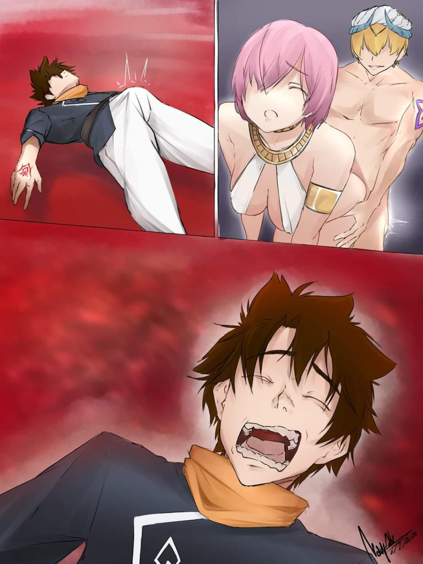 Rule 34 - 1girls 2boys 3 Panel Comic Artist Request Black Hair Blonde Hair  Closed Eyes Command Seal Command Spell Doggy Style Erection Under Clothes  Fategrand Order Fate (series) From Behind Fujimaru