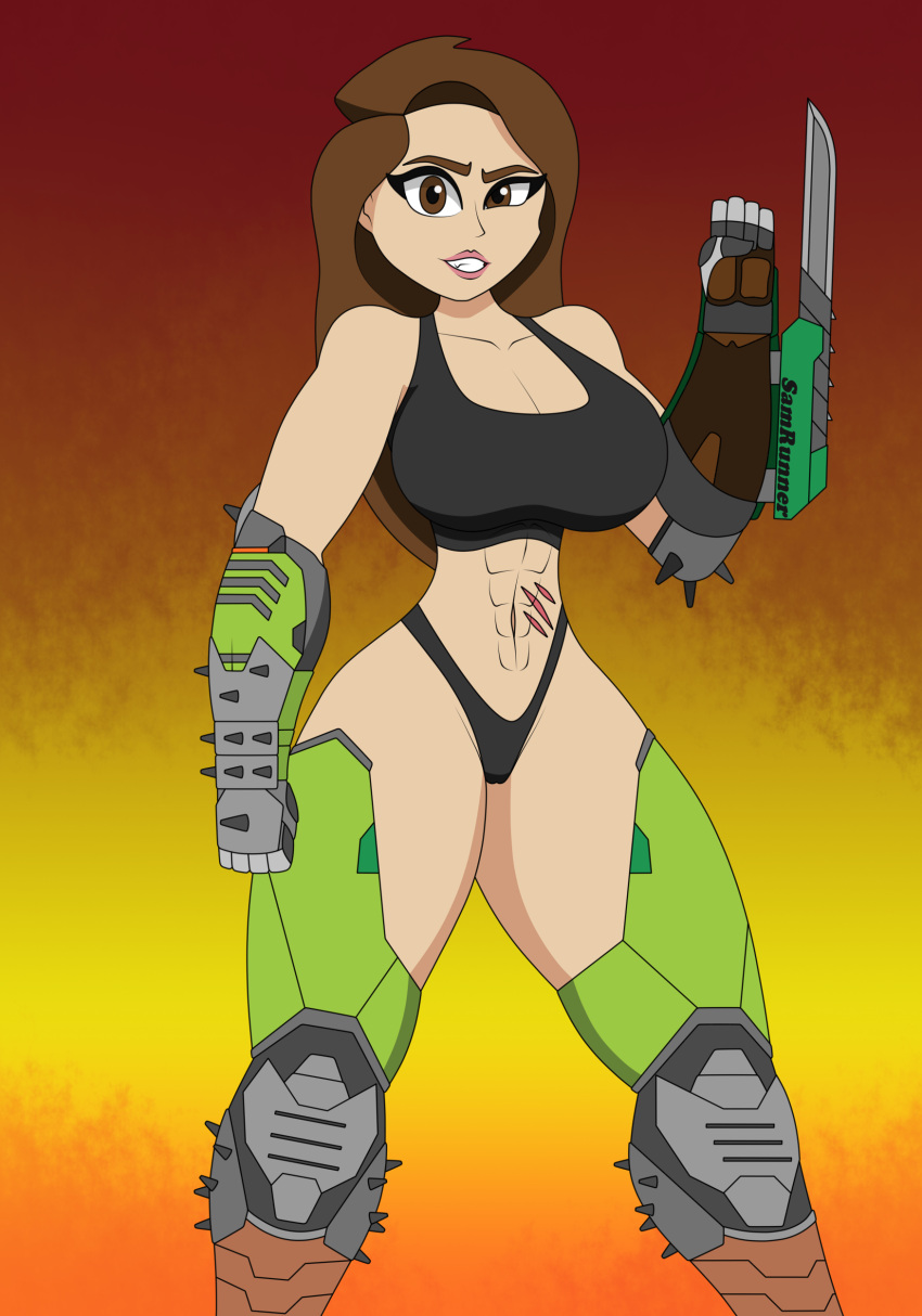 Rule 34 - 1girls Armor Big Breasts Breasts Brown Eyes Brown Hair Clothed  Clothing Doom Doom Eternal Doom Slayer (doom) Human Long Hair Looking At  Viewer Rule 63 Samrunner Small Waist Thick