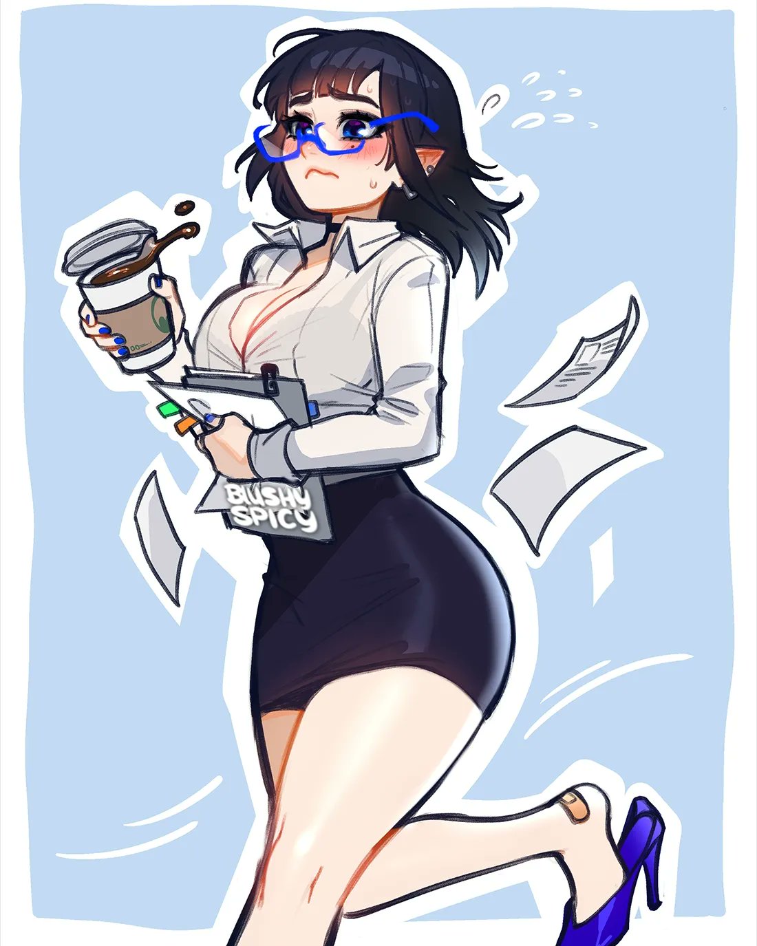 Rule 34 - Black Hair Blush Blushypixy Blushyspicy Coffee Coffee Cup Glasses  Oc Original Original Character Running Secretary Vampire White Skin |  7101603