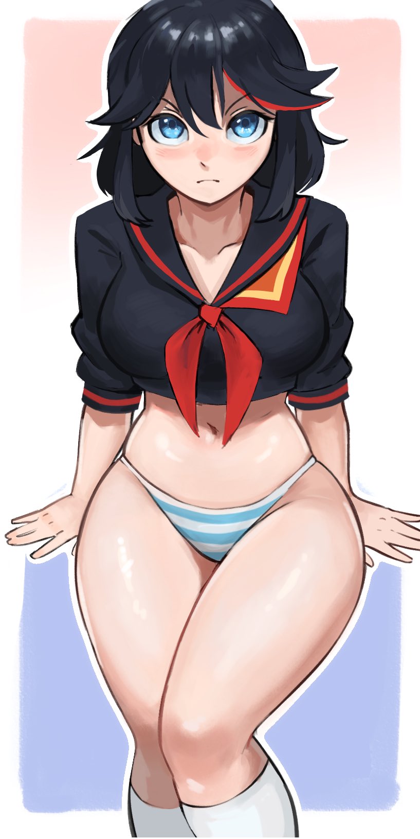 Rule 34 - 1girls Black Hair Blue Eyes Blue Striped Panties Blush Breasts  Cleavage Clothing Female Female Only Kill La Kill Looking At Viewer Matoi  Ryuuko Navel Panties Partially Clothed Sagaandersart Short