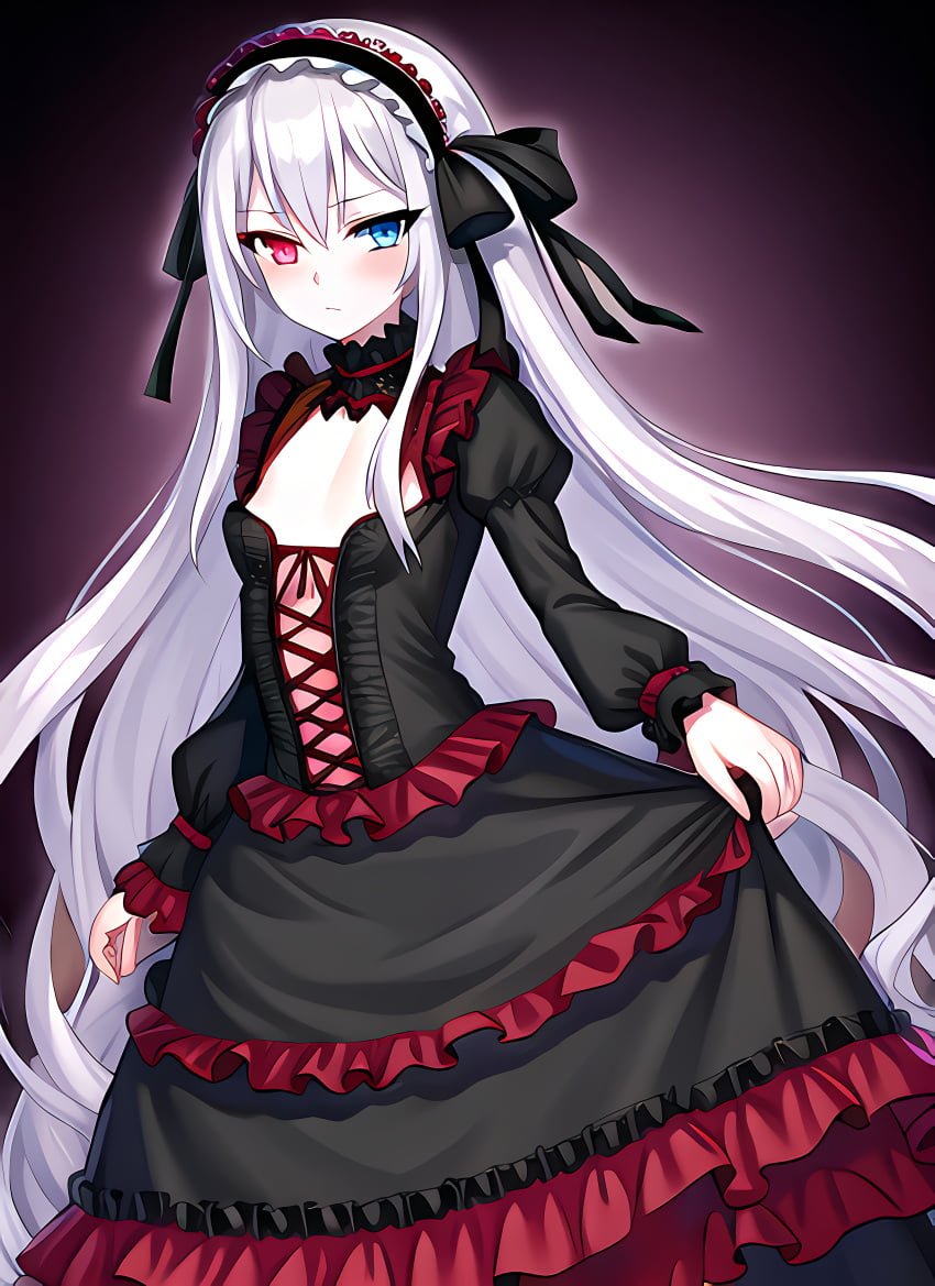 Rule 34 - Ai Generated Bangs Black Dress Black Ribbon Blue Eyes Blush  Breasts Dress Female Flat Chest Full Body Gothic Grey Hair Hair Ribbon  Hairband Heterochromia Long Hair Long Sleeves Looking