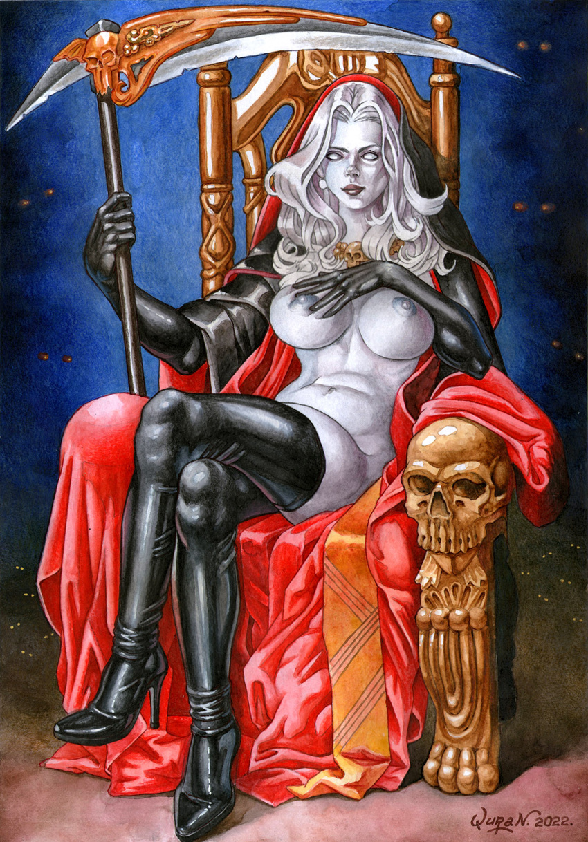 Rule 34 - 2022 Artist Request Chaos Comics Coffin Comics Death  (personification) Grim Reaper High Resolution Lady Death Latex Thighhighs  Looking At Viewer Queen Of The Dead Scythe Seductive Look Sitting On