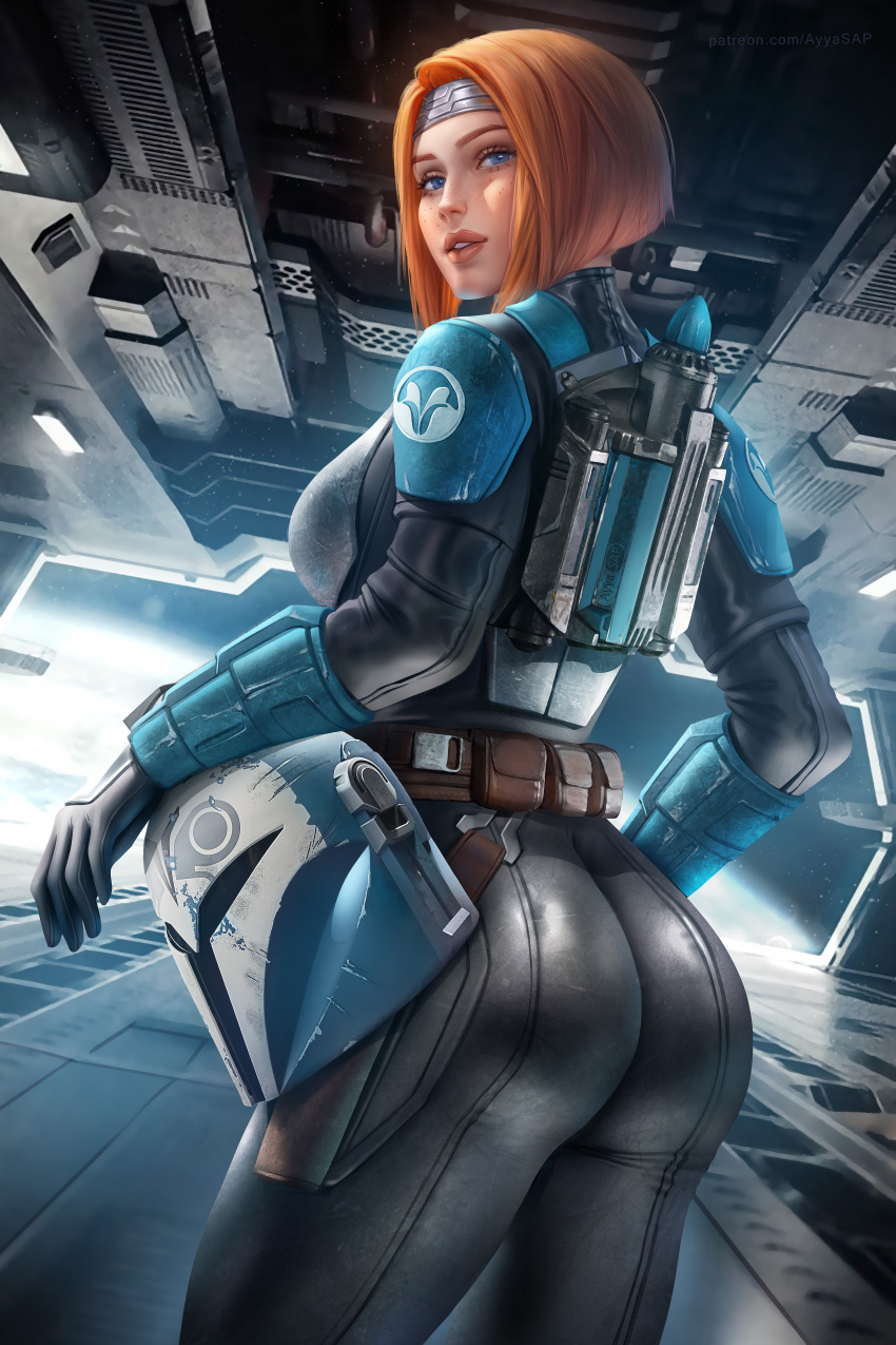 Rule 34 - 1girls Armor Ass Ass Cheeks Ayyasap Blue Eyes Bo-katan Kryze  Breasts Clothed Clothed Female Female Female Only Fully Clothed Gloves  Jetpack Looking At Viewer Looking Back Mandalorian Mandalorian Armor