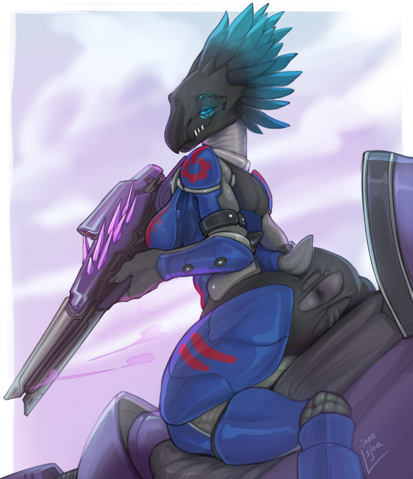 Rule 34 - Alien Anthro Anus Armor Ass Bedroom Eyes Blue Eyes Body Breasts  Clothed Clothing Female Female Kig-yar Grey Body Grey Skin Halo (series) Hi  Res Holding Object Holding Weapon Inno-sjoa