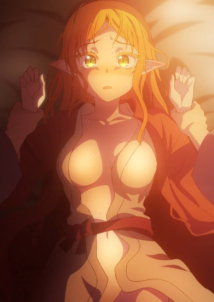 Rule 34 - 1boy 1girl 😮 Arm Grab Bathrobe Blonde Hair Blush Boy On Top Elf  Fantasy Futon Grabbing Arm Green Eyes Isekai Ojisan Long Hair Looking At  Viewer Navel Pointy Ears