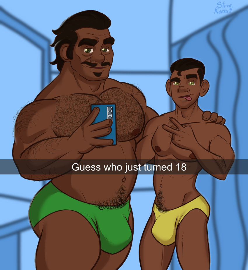 Rule 34 - Big Bulge Bulge Cellphone Dark-skinned Male Dark Skin Dilf  English Text Father And Son Hairy Chest Huge Bulge Looking At Viewer Male  Male Only Melanin Muscles Muscular Muscular Male