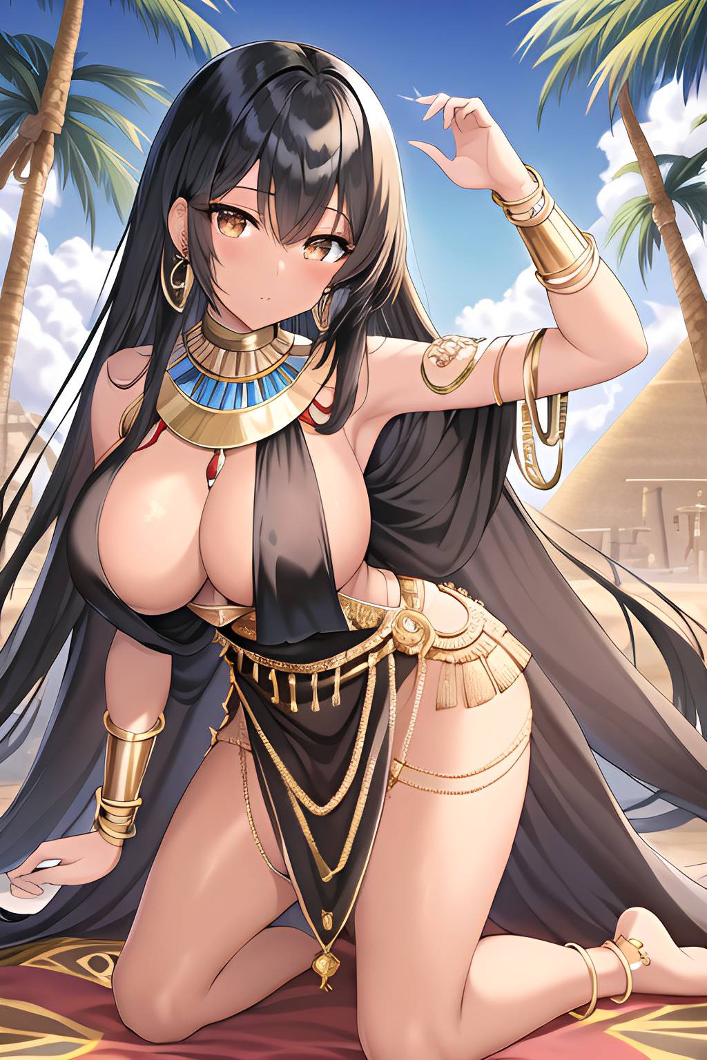 Rule 34 - Ai Generated Ancient Ancient Egypt Ancient Egyptian Ancient  History Black Hair Bracelet Cleavage Desert Earrings Egyptian Female Only  Goddess Gold Eyes History Jewelry Kneeling Large Breasts Long Hair National