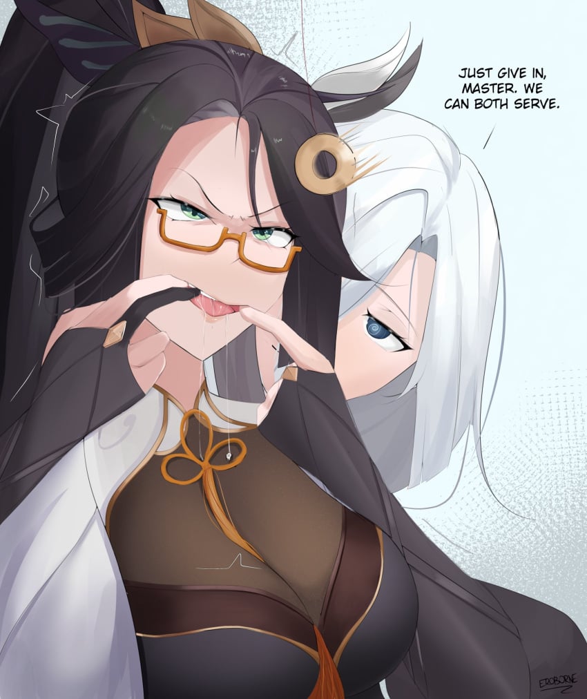 Rule 34 - 2girls Black Hair Cleavage Cloud Retainer (genshin Impact)  Dialogue Drooling Eroborne Genshin Impact Glasses Long Hair Ponytail Shenhe  (genshin Impact) Suggestive Text White Hair | 7501439