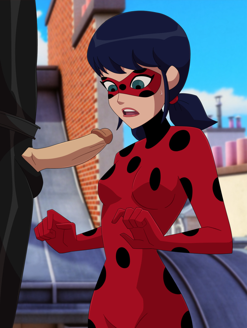 Rule 34 - Adrien Agreste Apprehensive Bangs Cat Noir Domino Mask Female  Ladybug (character) Looking At Penis Marinette Cheng Miraculous Ladybug  Penis Penis Out Rooftop Shocked Skin Tight Superhero Superhero Costume  Superheroine