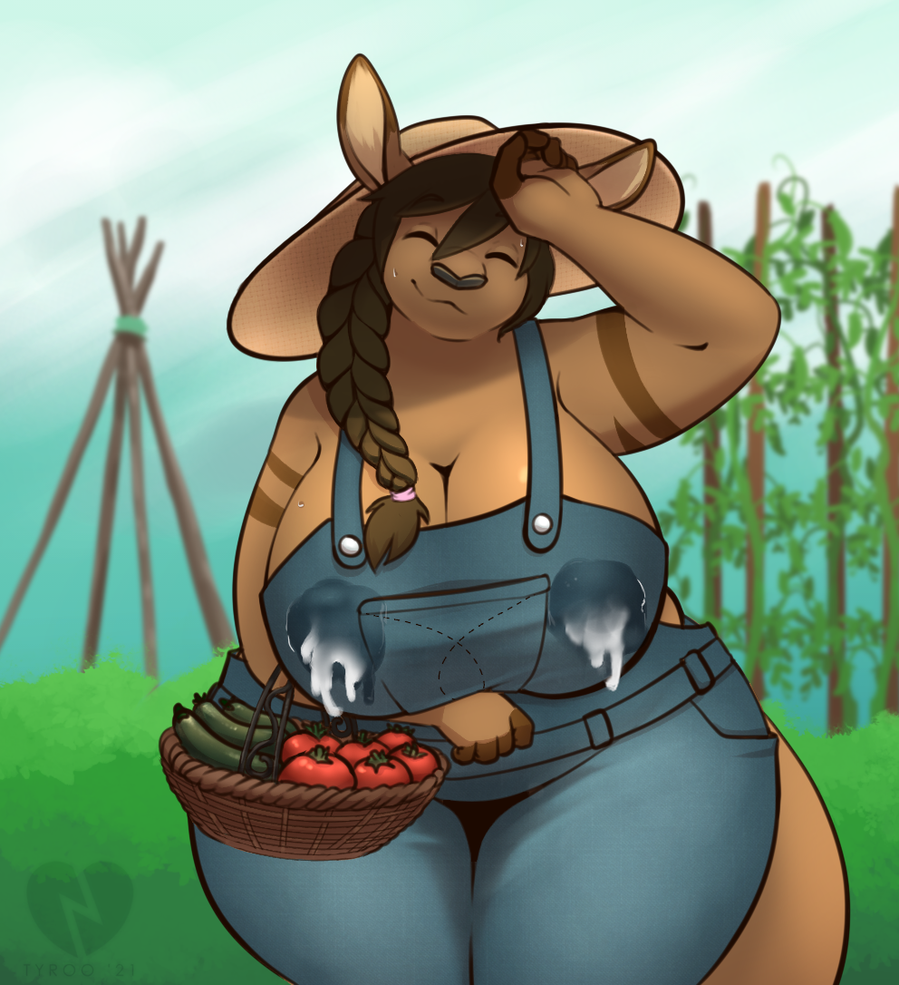 Rule 34 - 1girls Anthro Basket Braided Hair Breasts Brown Fur Brown Hair  Cleavage Closed Eyes Cucumber Female Female Focus Female Only Furry Garden  Kangaroo Lactation Lactation Through Clothing Large Breasts Milk