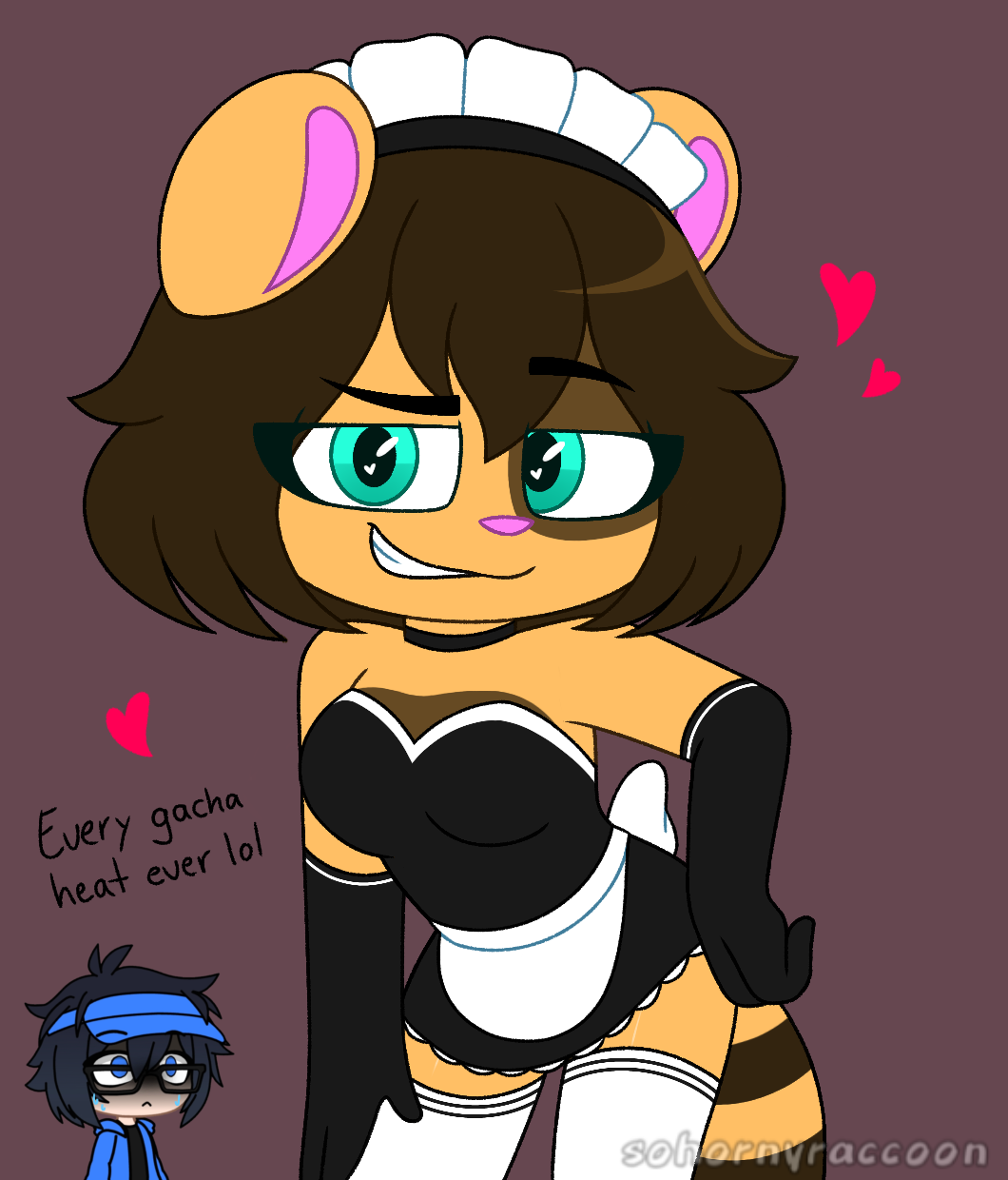 Rule 34 - Atsuki (sohornyraccoon) Furry Gacha Gacha Club Gloves Heart  Hearts Leggings Looking At Viewer Lunime Maid Maid Hat Maid Outfit Maid  Uniform Neckwear Pose Posing Pussy Raccoon Simple Background Smiling