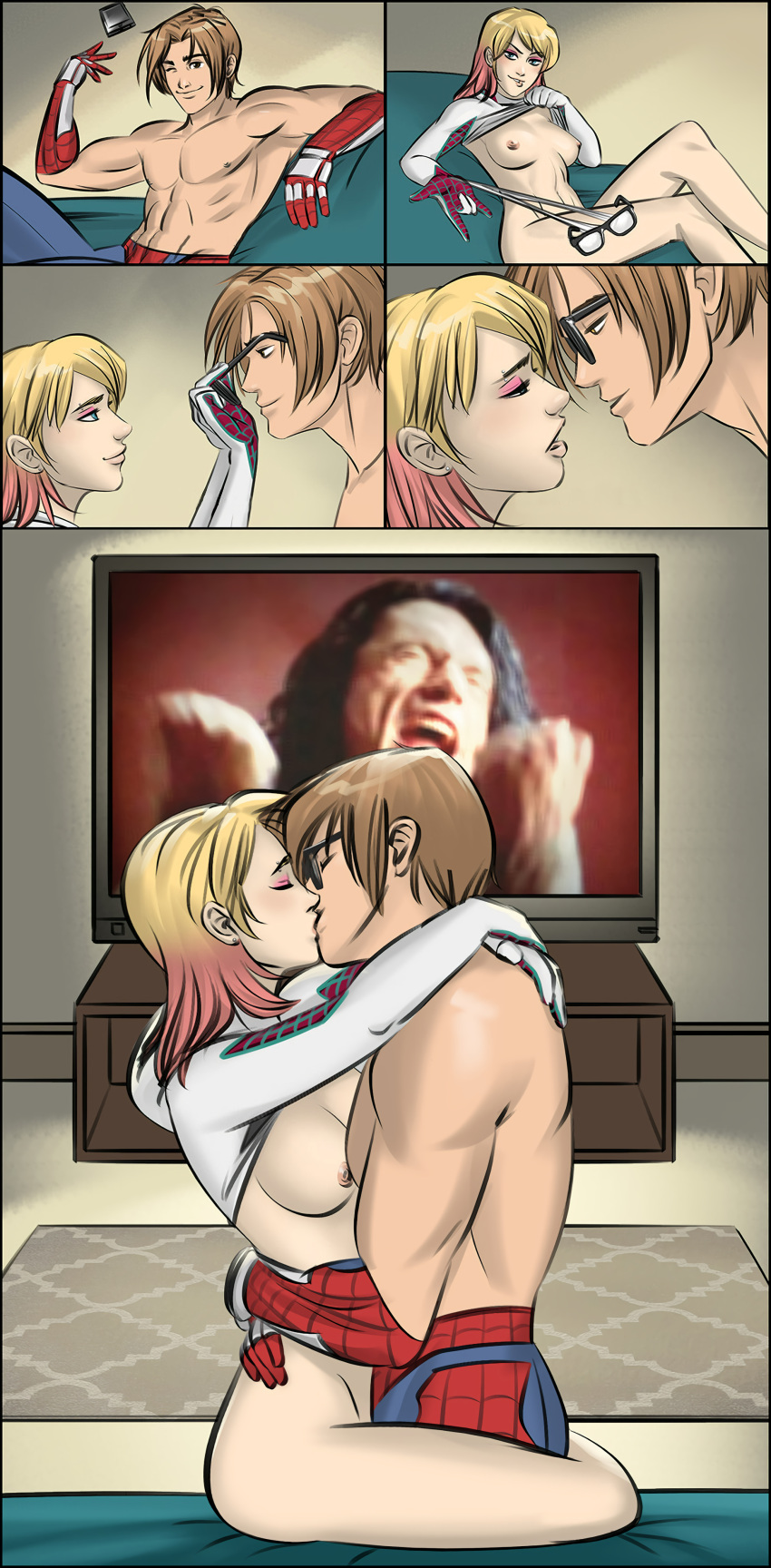 Rule 34 - 9breaker9 Couch Couple Couple (romantic) Couples Female Flirty  Ghost-spider Glasses Gwen Stacy Happy Happy Couple Kiss Kissing Living Room  Marvel Marvel Comics Movie Night Peter Parker Romance Romantic Smartphone