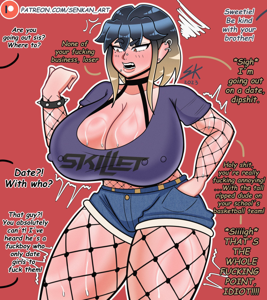 Rule 34 - Angry Angry Face Big Breasts Blonde Hair Choker Daughter Dyed  Hair Earrings English English Text Goth Goth Girl Huge Breasts Oc Offscreen  Character Offscreen Male Original Character Pierced Nipples