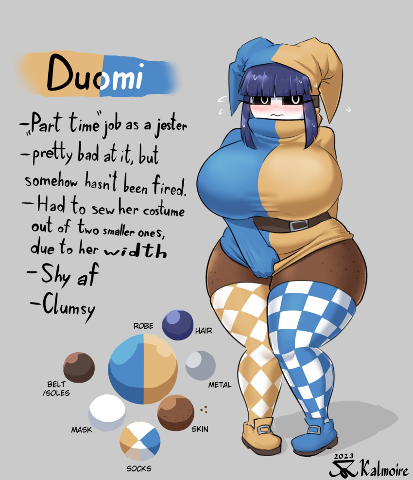 Rule 34 - Artist Signature Bangs Belt Blue Hair Character Name Character  Sheet Checkered Clothing Checkered Legwear Duomi (kalmoire) English Text  Freckles Freckles On Ass Huge Breasts Huge Thighs Hyper Hyper Breasts