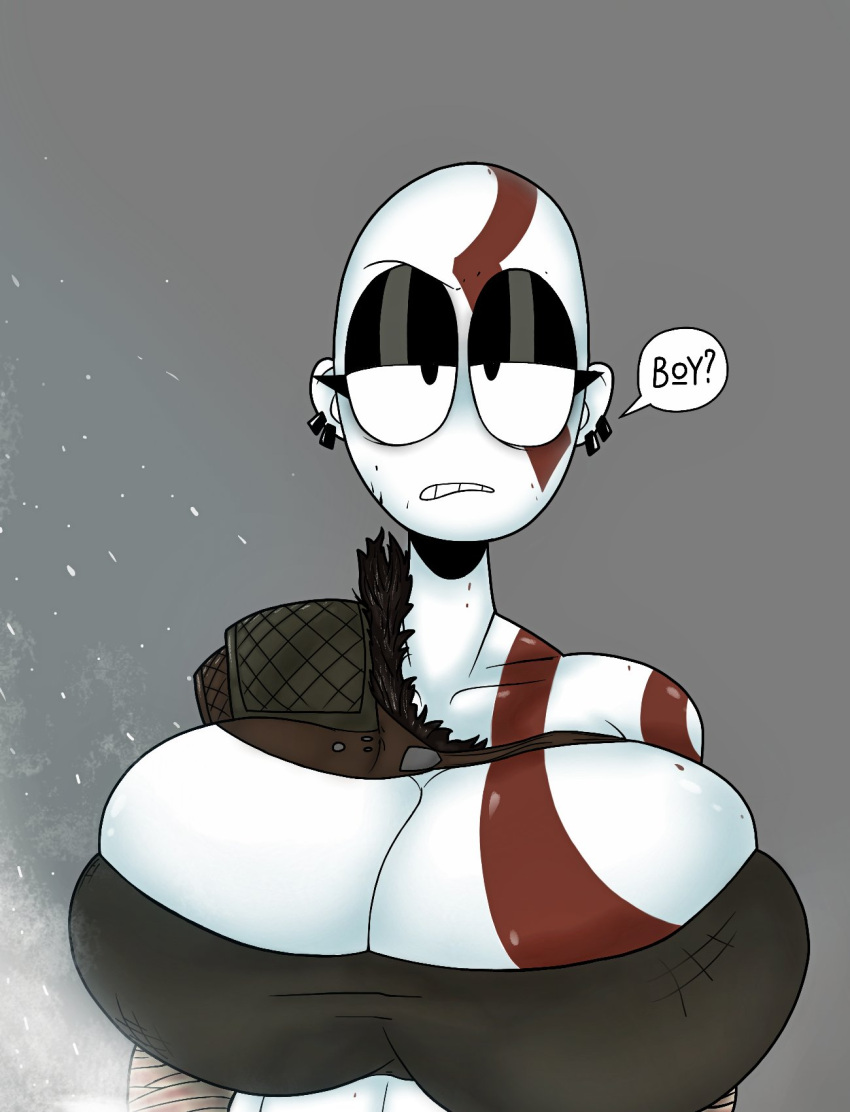 Rule 34 - 1girls Bald Bald Female Big Breasts Cleavage Cosplay Dialogue  Eyeliner Eyeshadow Face Paint God Of War Kratos Large Breasts Rule 63  Saltynoodles Solo Solo Female Solo Focus Text Bubble