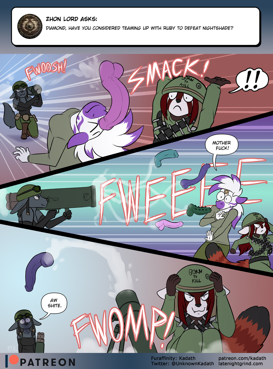 Rule 34 – 2022 ailurid anthro anubian jackal armor army helmet ask blog bandolier breasts canid canine canis cleavage clothed clothing comic conditional dnp dialogue diamond (kadath) digital media (artwork) dildo english text equid equine eyewear female fur goggles goggles on headwear group headgear helmet hi res jackal kadath kadath universe looking at another looking up mammal mortar nightshade (kadath) patreon ranged weapon red panda rocket launcher ruby (kadath) sex toy smile smirk striped body striped fur stripes text url user avatar weapon zebra | 5669370