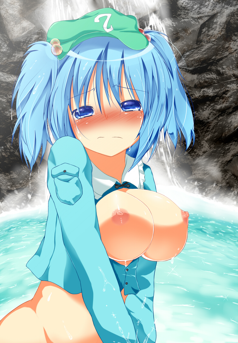 Rule 34 – blue eyes blue hair blush bottomless breasts breasts out female hair bobbles hair ornament hat kawashiro nitori large breasts nipples nitori kawashiro no bra solo tears touhou two side up water waterfall wet yuzutei | 6760541