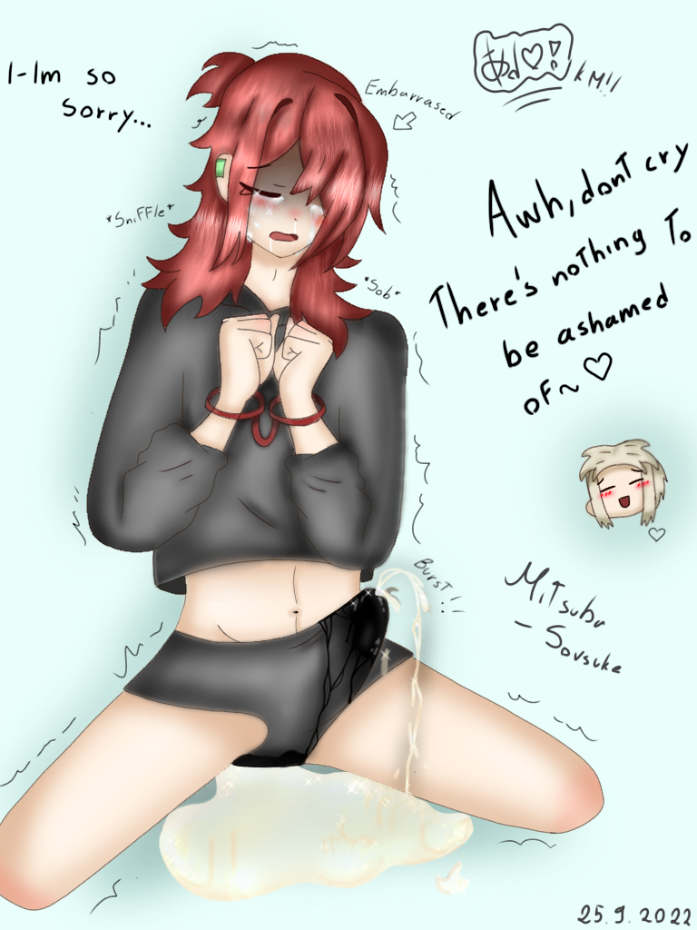 Rule 34 – accident apologizing blush closed eyes comforting crying cuffed wrists embarrassed floor hoodie mitsuba sousuke omorashi panting pee desperation peeing self piercing piss soaked red hair shaking shorts soaked underwear sobbing tears of pain tied arms trembling urinating urination urine puddle urine stream wetting clothing wetting self | 6739901