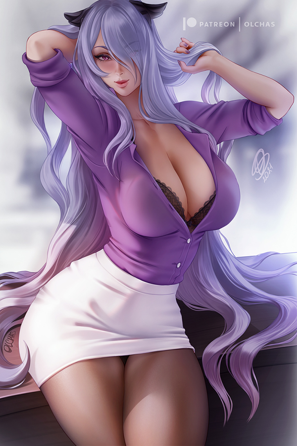 Rule 34 – 1girls black bra blouse bra breasts camilla (fire emblem) desk fire emblem fire emblem fates hair over one eye hand in own hair large breasts long hair looking at viewer nintendo office lady olchas painted fingernails pantyhose pencil skirt purple blouse purple eyes purple hair secretary shirt tucked in sitting on desk skirt white skirt | 6855333