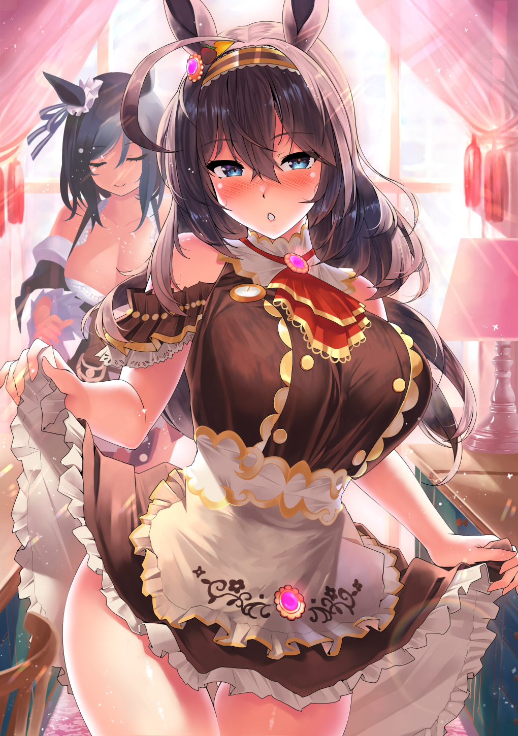 Rule 34 – 2girls ahoge animal ears apron ascot black hair blue eyes blush breasts brown dress brown hair closed eyes closed mouth clothes lift cowboy shot dress dress lift eishin flash (umamusume) frilled dress frills hair between eyes highres horse ears horse girl kawai (purplrpouni) large breasts lifted by self long hair mihono bourbon (umamusume) multiple girls official alternate costume open mouth red ascot short hair smile umamusume waist apron white apron | 6777556