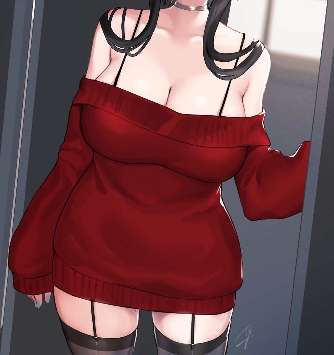 Rule 34 – 1girls artist signature big breasts black hair blue nails breasts cleavage cropped doorway huge breasts large breasts legwear long black hair long hair marauder6272 necklace neckwear red sweater signature solo spy x family stockings thick thighs unseen female face wide hips yor briar yor forger | 4735495