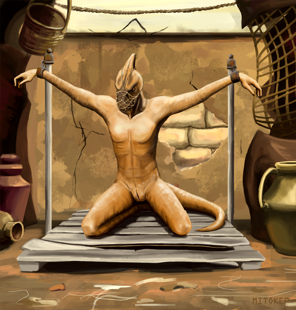 Rule 34 – 2016 anthro bondage bound brass (mitokep) bucket container cuff (restraint) day dinosaur hadrosaurid kneeling looking down male male only mitokep muzzle (object) muzzled orange eyes ornithischian outside parasaurolophus post reptile restraints rope rope bondage scales scalie slave slave market slit solo spread arms urn wall (structure) wrist cuffs yellow body yellow scales | 5719530