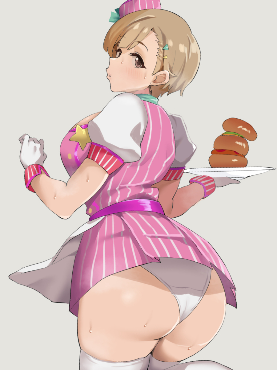Rule 34 – apron ass bangs becky-4545 big ass big breasts breasts brown eyes brown hair burger butt clothes clothing color colored commentary request dress employee uniform eyebrows visible through hair fast food uniform female female focus female only female solo food from behind fukuda noriko gloves grey background hair ornament hairclip hands up hat headwear highres holding holding plate idolmaster idolmaster million live! idolmaster million live! theater days large breasts light skin looking at viewer looking back only female panties pantyshot parted lips pink dress pink headwear plate plump puffy short sleeves puffy sleeves short dress short hair short sleeves simple background solo solo focus standing striped striped dress sweat sweatdrop sweatdrops sweaty sweaty butt thighhighs underwear uniform waist apron waitress white apron white gloves white legwear white panties white sleeves white underwear | 5774856