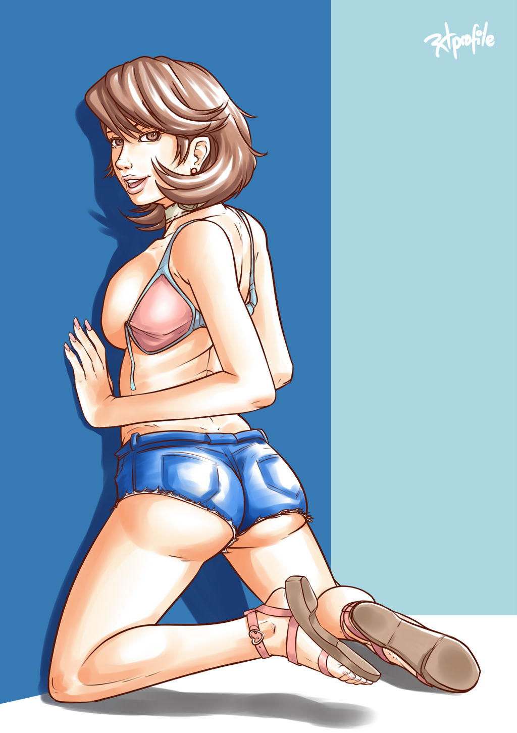Rule 34 – 2020s 2021 ass blue bottomwear booty shorts breasts breasts against wall brown hair butt crack outline choker denim shorts earrings female female focus female only hands on wall looking at viewer on knees persona persona 3 ramiro de la cruz rear view sandals shin megami tensei shiny hair short hair shorts smile solo solo female thighs tomboy two tone bra two tone footwear watermark yukari takeba | 5018382