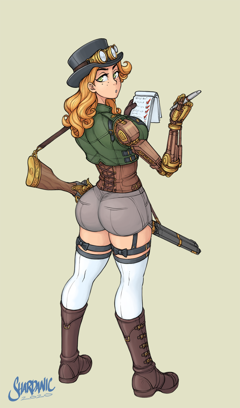 Rule 34 – 1girls aemilia (shardanic) artist name ass belt big ass big breasts big butt blonde hair boots bow breasts corset crop top curly hair freckles garter straps gloves green eyes gun hat hi res high-waist shorts highres jacket large breasts long hair looking at viewer looking back notepad original original character pen pouch prosthetic prosthetic arm shardanic short shorts simple background solo steampunk thigh strap thighhighs thighs white legwear writing | 6742763