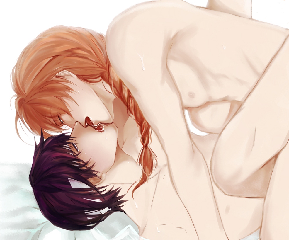 Rule 34 – 2boys bandages braid braided hair french kiss gay gintama implied anal implied sex kamui (gintama) kissing long hair male looking at another male male only nude on back on bed orange hair profile purple hair single braid sweat takasugi shinsuke upper body yaoi | 6797180
