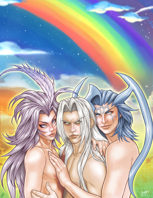Rule 34 – 3boys blue hair fabulous final fantasy final fantasy ix final fantasy vii final fantasy x genome grey hair guado kuja male only multiple boys purple hair sephiroth seymour guado yaoi | 57016