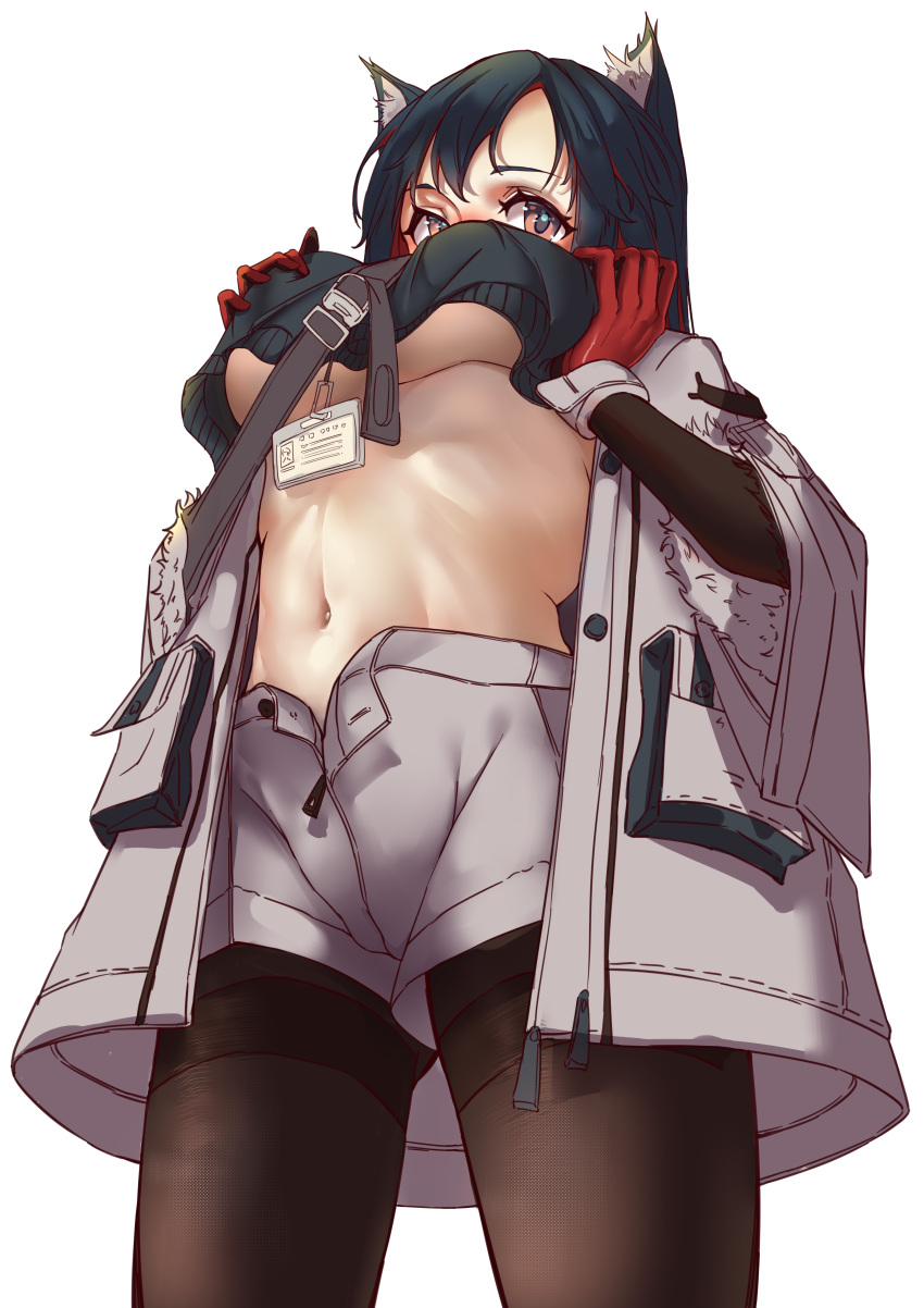 Rule 34 – black hair coat grabbing own breasts id card large breasts navel nekosama13 red gloves shorts squished breasts tagme texas (arknights) tights underboob unzipped shorts viewed from below wolf ears | 6791337