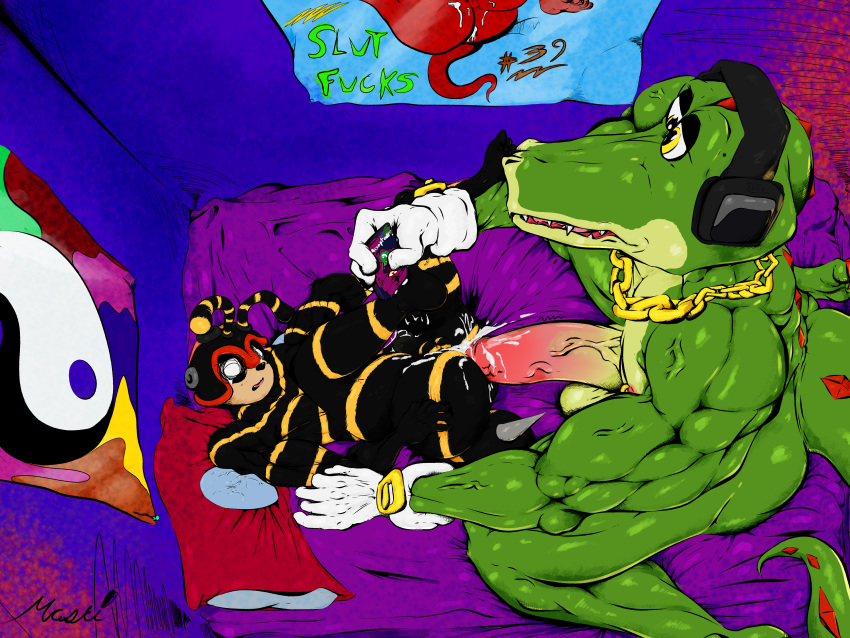 Rule 34 – abstract background absurd res annoyed anthro arthropod bee bodily fluids cel shading charmy bee crocodilian cum cum inside detailed disinterested sex duo genital fluids hi res hymenopteran insects male male/male maski (author) muscular penetration phone pornography psychedelic background reptile scalie sega shaded sonic the hedgehog (series) twunk vector the crocodile yin yang | 6756380