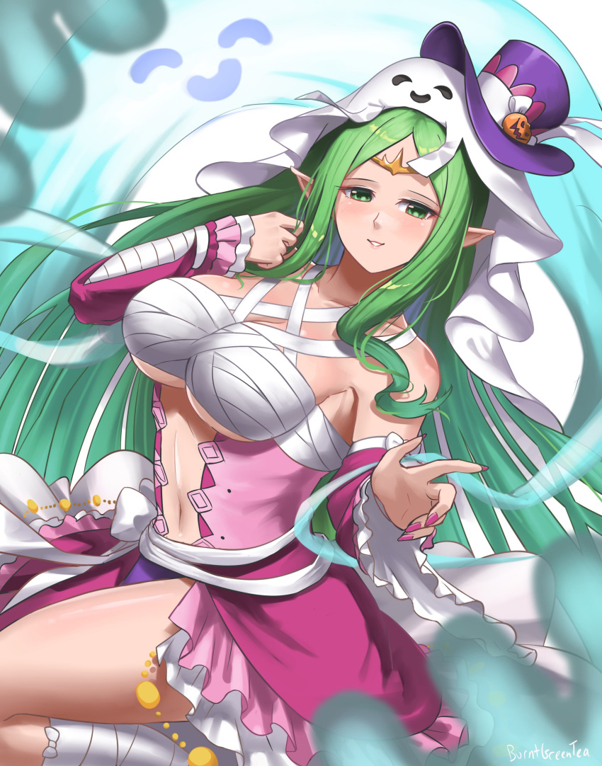 Rule 34 – 1girls absurdres alternate costume bare thighs breasts burnt green tea center opening chest sarashi cleavage female female female only fire emblem fire emblem awakening fire emblem heroes ghost green eyes green hair halloween halloween costume hat highres large breasts long hair looking at viewer naga (fire emblem) nail polish nintendo pink nails pointy ears sarashi smile solo thick thighs thighs tiara top hat underboob very long hair wrappings | 6800259